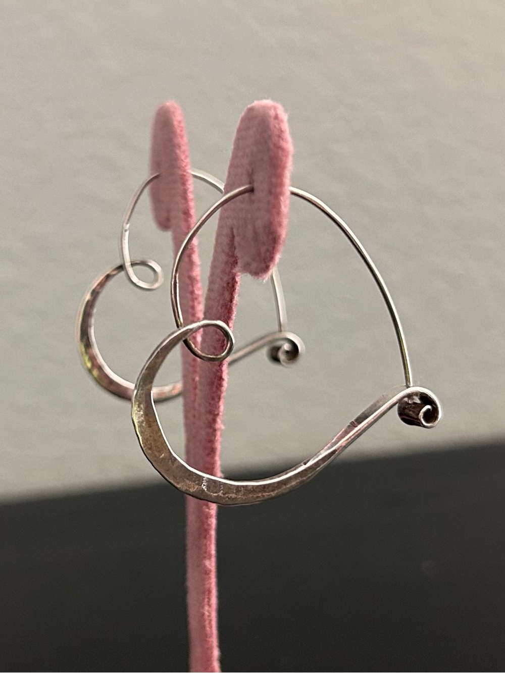 Handcrafted & Hammered Sterling Silver Heart Swirl Shaped Wire Hoop Earrings - Picture 11 of 15
